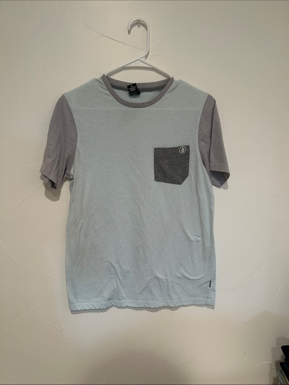 Volcom Light Blue Tee with Gray Sleeves and Pocket